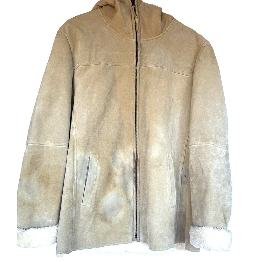 Jones NY Womens Penny Lane Suede Faux Fur Lined Coat Size L Hood Zip Tan *flaws